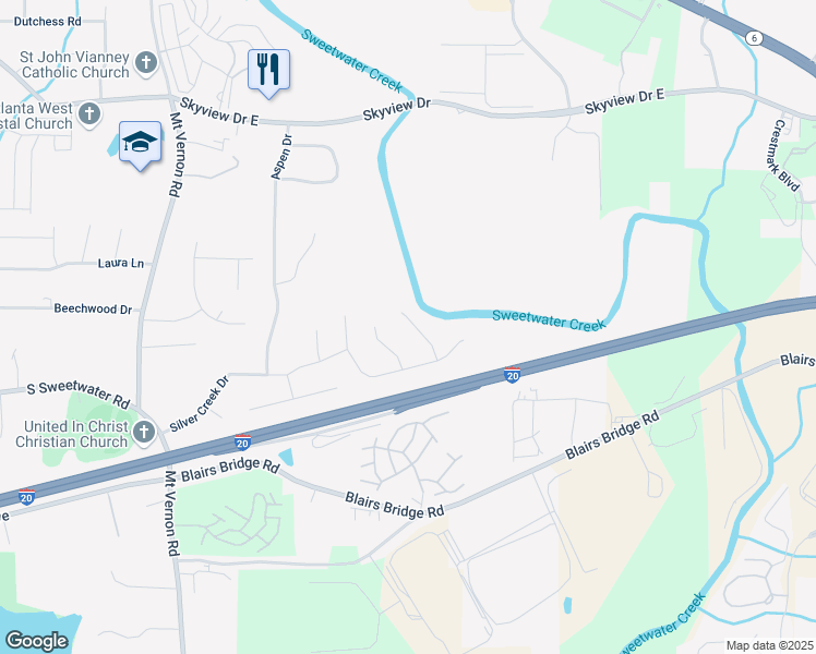 map of restaurants, bars, coffee shops, grocery stores, and more near 1651 Sloping Tree Way in Lithia Springs