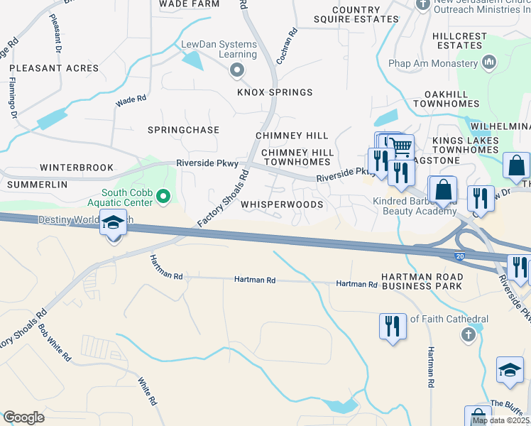 map of restaurants, bars, coffee shops, grocery stores, and more near 695 Whisper Trail in Austell