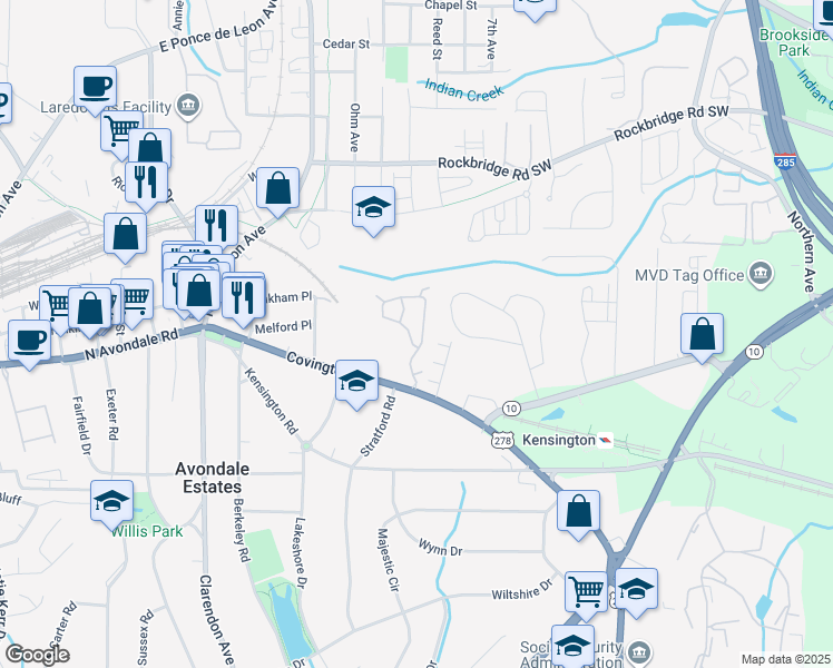 map of restaurants, bars, coffee shops, grocery stores, and more near 547 Stratford Green in Avondale Estates