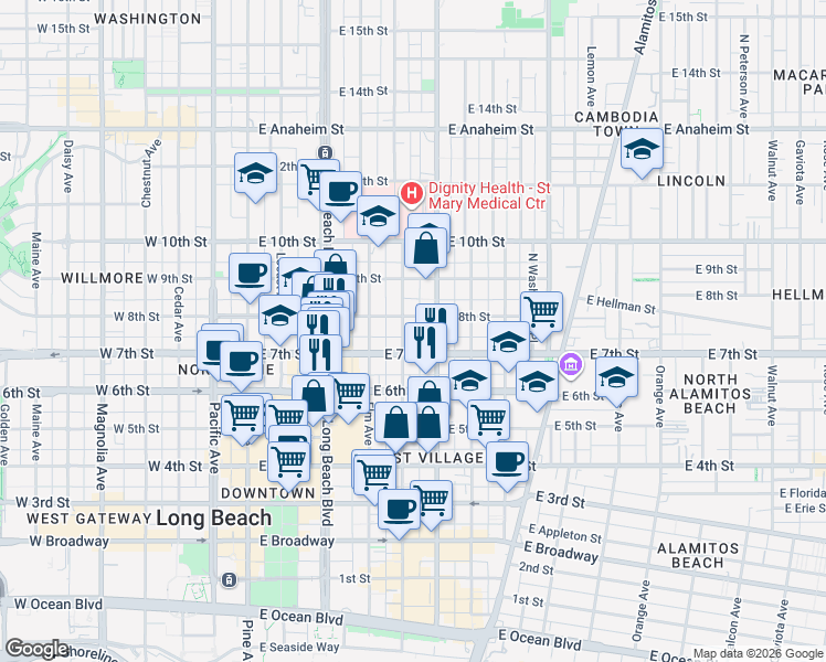 map of restaurants, bars, coffee shops, grocery stores, and more near in Long Beach