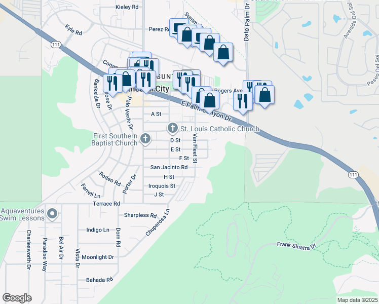 map of restaurants, bars, coffee shops, grocery stores, and more near 68711 E Street in Cathedral City