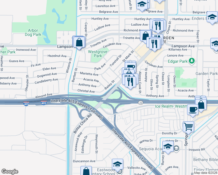 map of restaurants, bars, coffee shops, grocery stores, and more near 12801 Valley View Street in Garden Grove