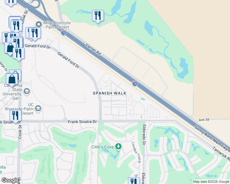 map of restaurants, bars, coffee shops, grocery stores, and more near 345 Paseo Gusto in Palm Desert