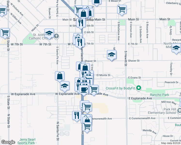 map of restaurants, bars, coffee shops, grocery stores, and more near 1223 South San Jacinto Avenue in San Jacinto