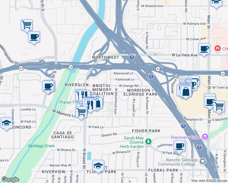 map of restaurants, bars, coffee shops, grocery stores, and more near 2814 North Westwood Avenue in Santa Ana