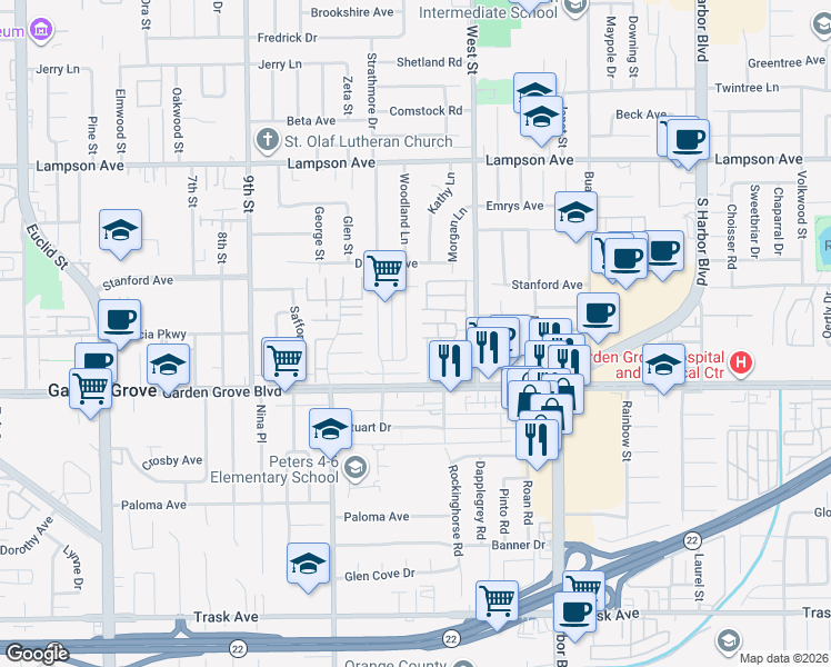 map of restaurants, bars, coffee shops, grocery stores, and more near 12902 Woodland Lane in Garden Grove