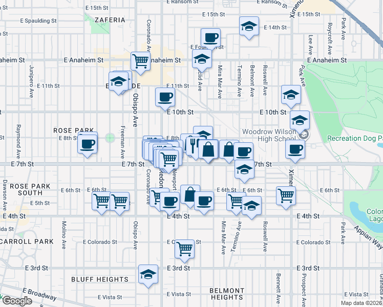 map of restaurants, bars, coffee shops, grocery stores, and more near 3535 East 7th Street in Long Beach