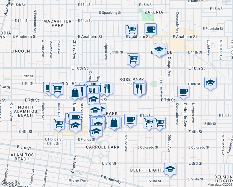 map of restaurants, bars, coffee shops, grocery stores, and more near 2441 East 7th Street in Long Beach
