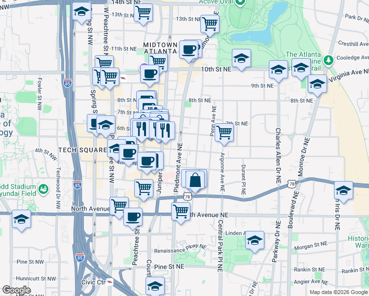 map of restaurants, bars, coffee shops, grocery stores, and more near 761 Piedmont Avenue Northeast in Atlanta