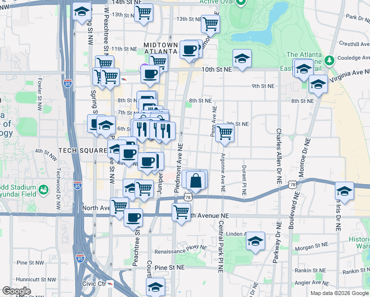 map of restaurants, bars, coffee shops, grocery stores, and more near 761 Piedmont Avenue Northeast in Atlanta