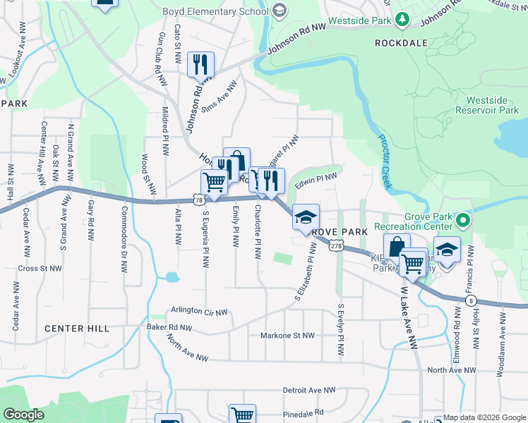 map of restaurants, bars, coffee shops, grocery stores, and more near 741 Charlotte Place Northwest in Atlanta