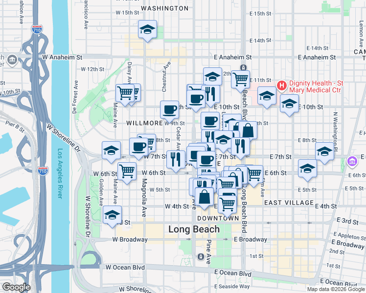 map of restaurants, bars, coffee shops, grocery stores, and more near 728 Cedar Avenue in Long Beach