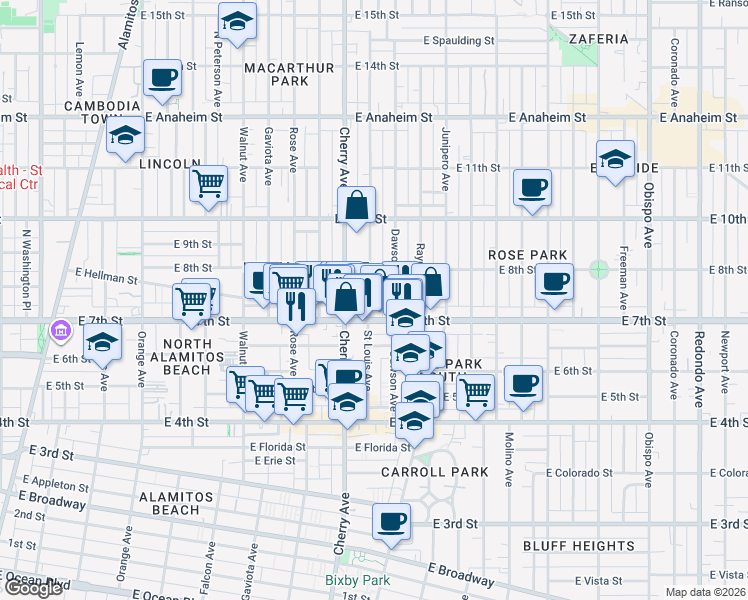 map of restaurants, bars, coffee shops, grocery stores, and more near 732 Saint Louis Avenue in Long Beach