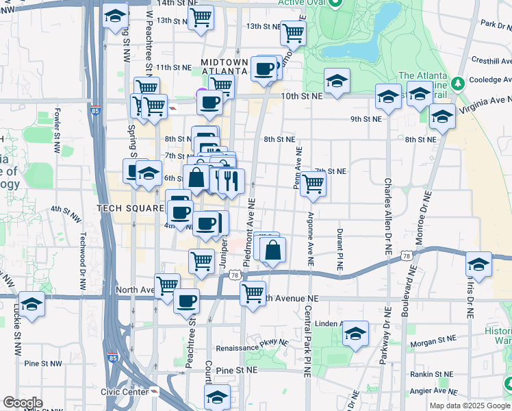 map of restaurants, bars, coffee shops, grocery stores, and more near 785 Piedmont Avenue Northeast in Atlanta