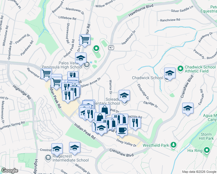 map of restaurants, bars, coffee shops, grocery stores, and more near 27423 Warrior Drive in Rancho Palos Verdes