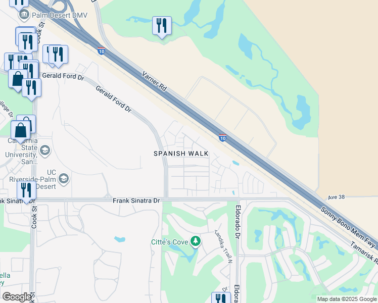map of restaurants, bars, coffee shops, grocery stores, and more near 251 Paseo Gregario in Palm Desert