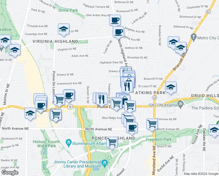 map of restaurants, bars, coffee shops, grocery stores, and more near Frederica Street Northeast in Atlanta