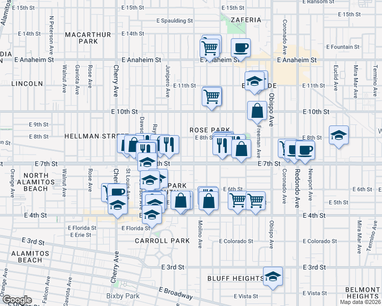 map of restaurants, bars, coffee shops, grocery stores, and more near 737 Molino Avenue in Long Beach