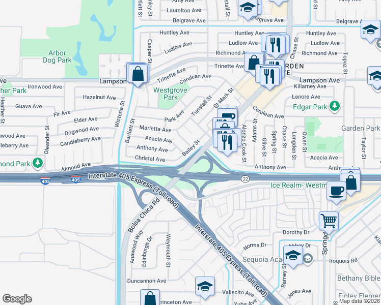 map of restaurants, bars, coffee shops, grocery stores, and more near 12826 Bailey Street in Garden Grove