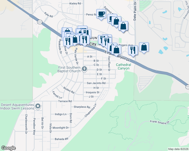 map of restaurants, bars, coffee shops, grocery stores, and more near 68613 E Street in Cathedral City