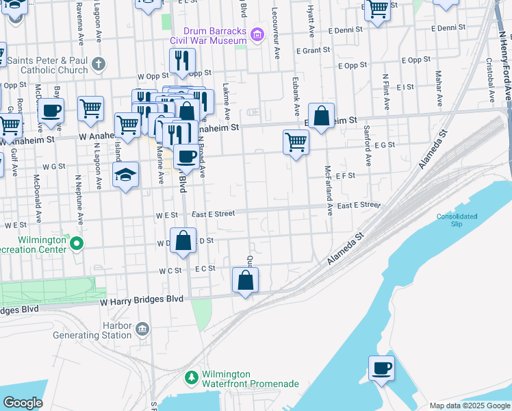 map of restaurants, bars, coffee shops, grocery stores, and more near 508 East E Street in Los Angeles