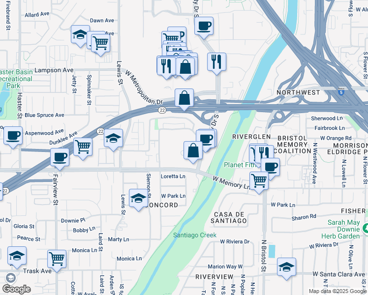 map of restaurants, bars, coffee shops, grocery stores, and more near 750 The City Drive South in Orange