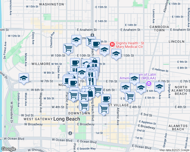 map of restaurants, bars, coffee shops, grocery stores, and more near 701 Long Beach Boulevard in Long Beach