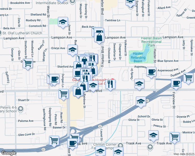 map of restaurants, bars, coffee shops, grocery stores, and more near 12431 El Rey Place in Garden Grove