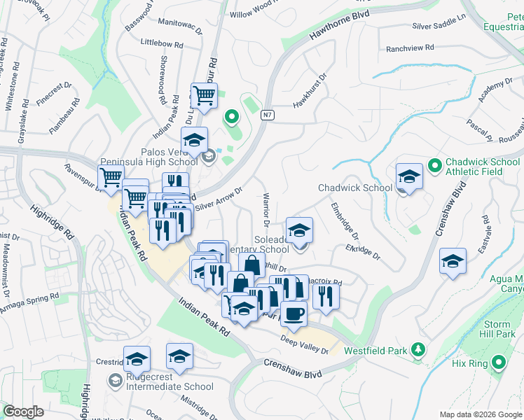 map of restaurants, bars, coffee shops, grocery stores, and more near 27423 Warrior Drive in Rancho Palos Verdes