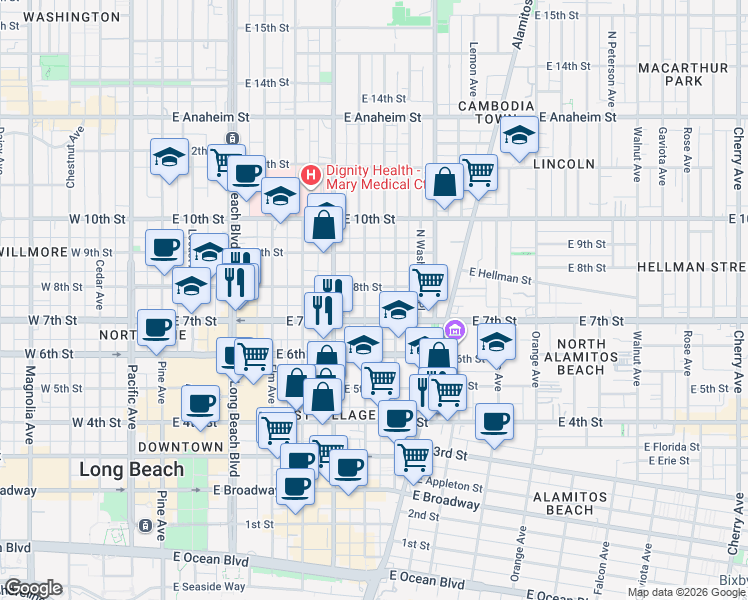 map of restaurants, bars, coffee shops, grocery stores, and more near 707 East 7th Street in Long Beach