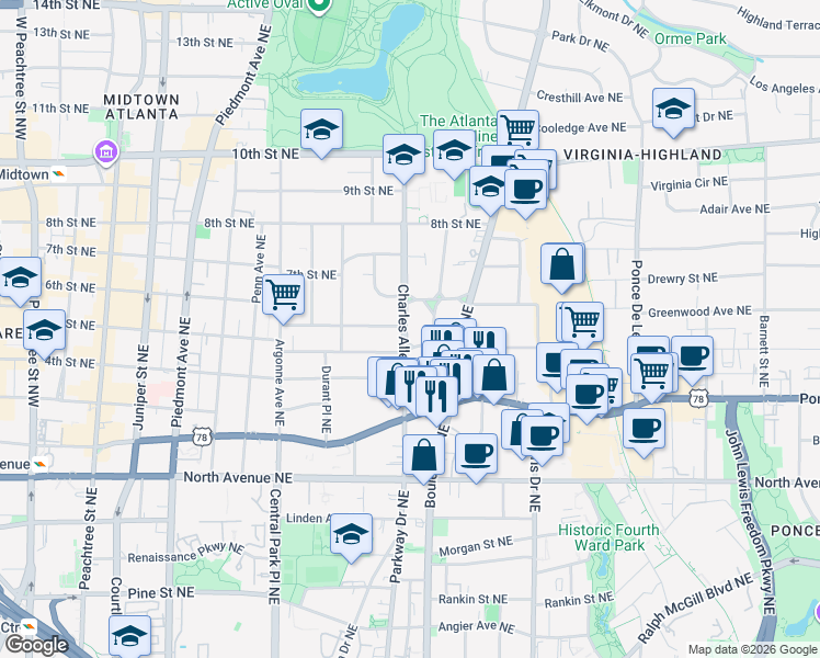 map of restaurants, bars, coffee shops, grocery stores, and more near 773 Vedado Way Northeast in Atlanta