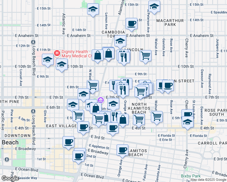 map of restaurants, bars, coffee shops, grocery stores, and more near 737 Cerritos Avenue in Long Beach