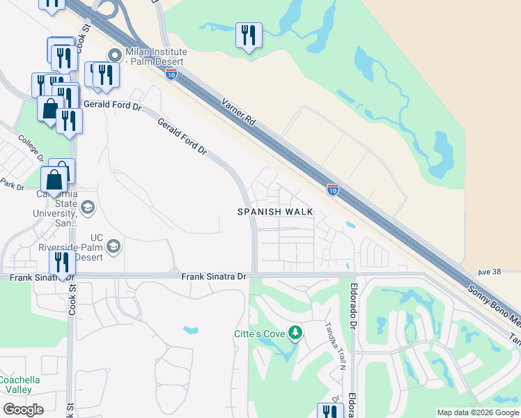 map of restaurants, bars, coffee shops, grocery stores, and more near 214 Paseo Gusto in Palm Desert