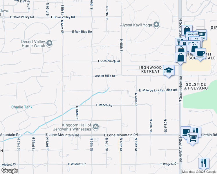 map of restaurants, bars, coffee shops, grocery stores, and more near 6725 East Cll De Las Estrellas in Cave Creek