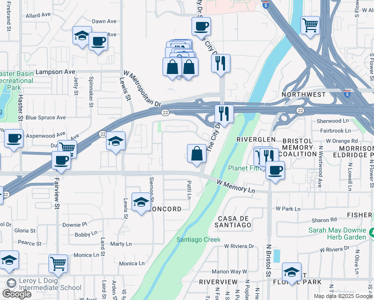 map of restaurants, bars, coffee shops, grocery stores, and more near 770 The City Drive South in Orange