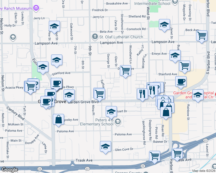map of restaurants, bars, coffee shops, grocery stores, and more near 12892 Safford East in Garden Grove