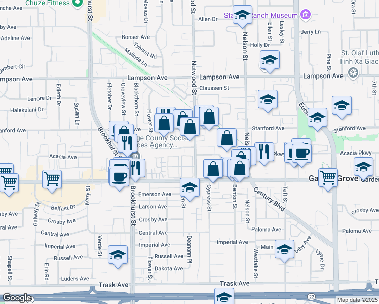 map of restaurants, bars, coffee shops, grocery stores, and more near 10511 Garden Grove Boulevard in Garden Grove