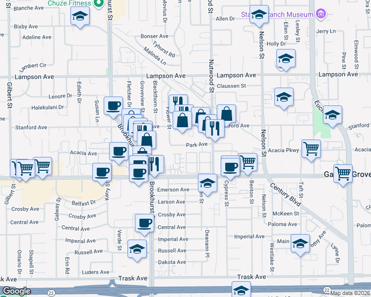 map of restaurants, bars, coffee shops, grocery stores, and more near 10331 Dove Court in Garden Grove