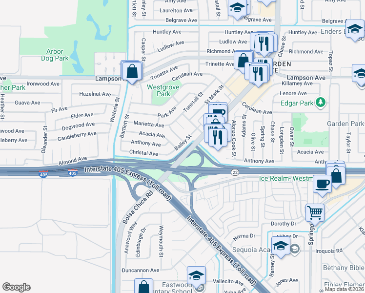 map of restaurants, bars, coffee shops, grocery stores, and more near 12801 Valley View Street in Garden Grove