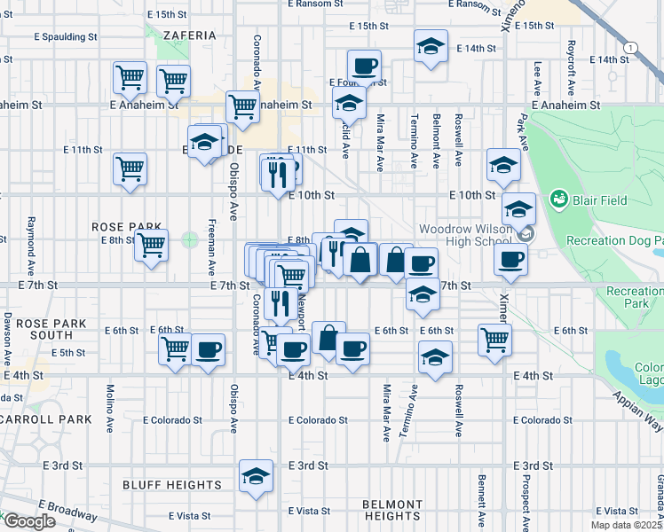 map of restaurants, bars, coffee shops, grocery stores, and more near 3535 East 7th Street in Long Beach