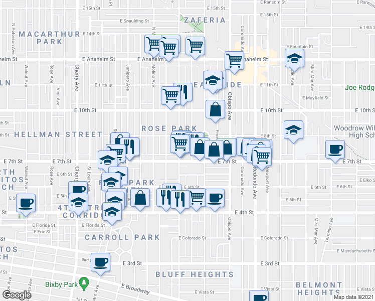 map of restaurants, bars, coffee shops, grocery stores, and more near 2847 East 7th Street in Long Beach