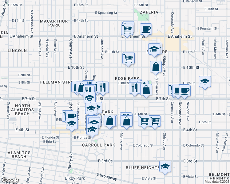 map of restaurants, bars, coffee shops, grocery stores, and more near 2603 East 7th Street in Long Beach