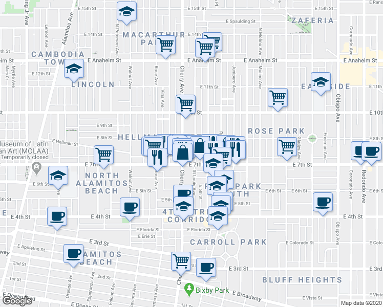 map of restaurants, bars, coffee shops, grocery stores, and more near in Long Beach