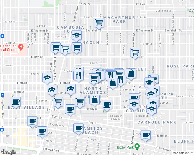 map of restaurants, bars, coffee shops, grocery stores, and more near 1509 East 7th Street in Long Beach
