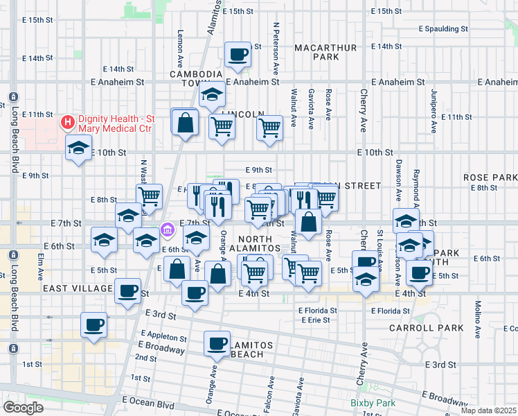 map of restaurants, bars, coffee shops, grocery stores, and more near 1339 East 7th Street in Long Beach