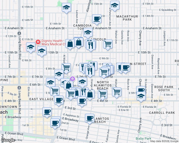 map of restaurants, bars, coffee shops, grocery stores, and more near 1041 East 7th Street in Long Beach