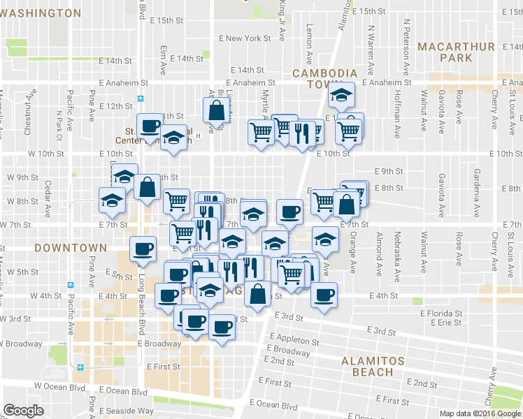 map of restaurants, bars, coffee shops, grocery stores, and more near 811 East 7th Street in Long Beach