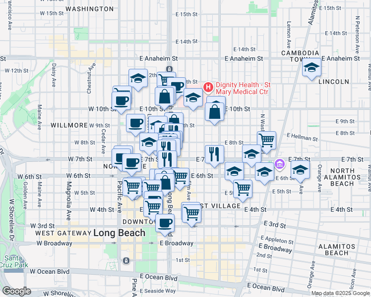 map of restaurants, bars, coffee shops, grocery stores, and more near 357 East 7th Street in Long Beach