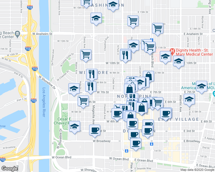 map of restaurants, bars, coffee shops, grocery stores, and more near 309 West 7th Street in Long Beach
