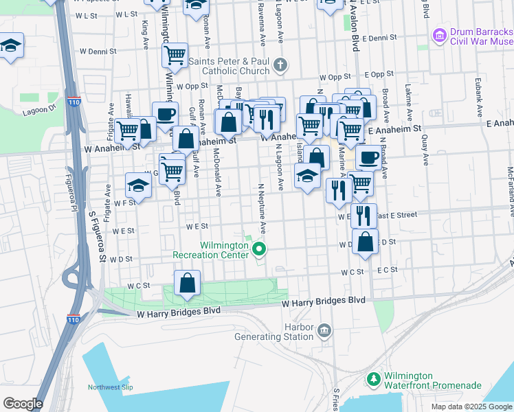 map of restaurants, bars, coffee shops, grocery stores, and more near 605 West E Street in Los Angeles